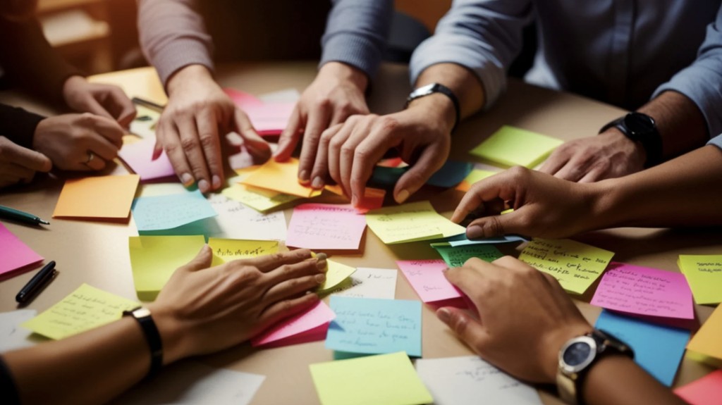 Startup: csapat ötletel, színes jegyzetek az asztalon