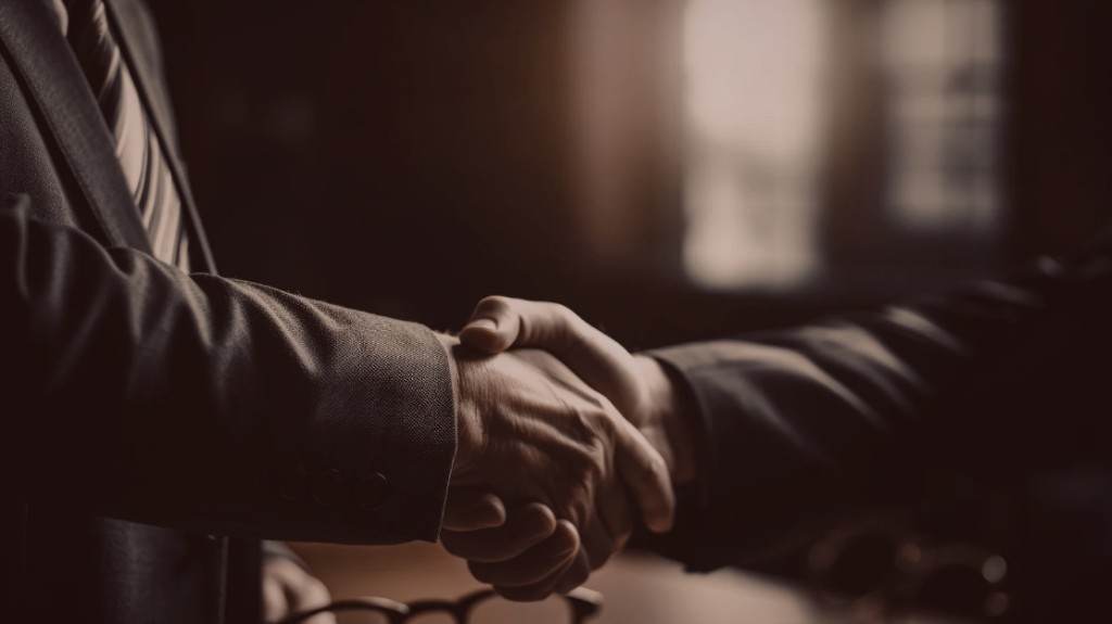 Üzleti kézfogás: öltönyös partnerek, formai megállapodás