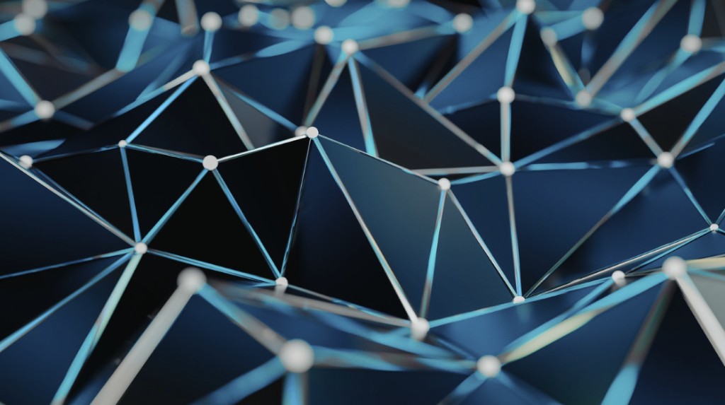 Összekapcsolt hálózat: sötét háromszögek, türkiz élek, fénylő csomópontok — rendszer és kapcsolódás