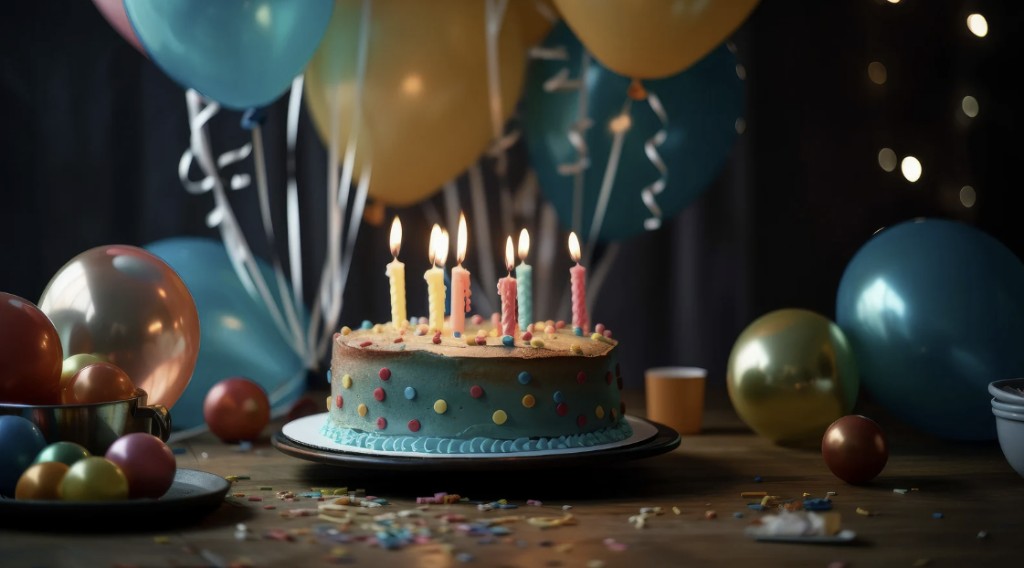 Születésnapi torta égő gyertyákkal, lufik és konfetti — ünnepi hangulat